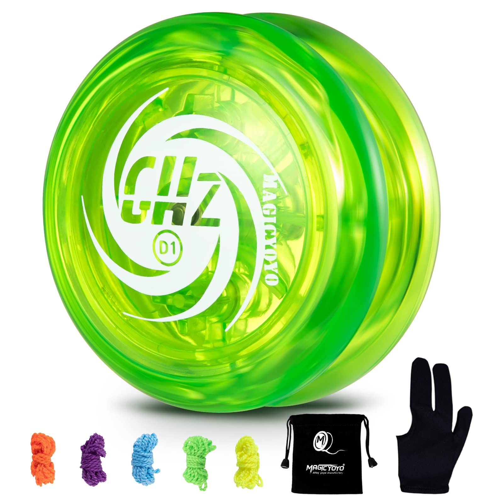 MAGICYOYO Looping Yoyo D1 GHZ, Responsive Yoyo for Kids Loop YoYo for Beginners + 5 Yo Yo Strings, Yo-yo Glove, Yo Yo Bag (Green)