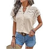 SweatyRocks Women's Ruffle Sleeve Button Down Blouse Boho Swiss Dots Hollow Out Summer Shirts