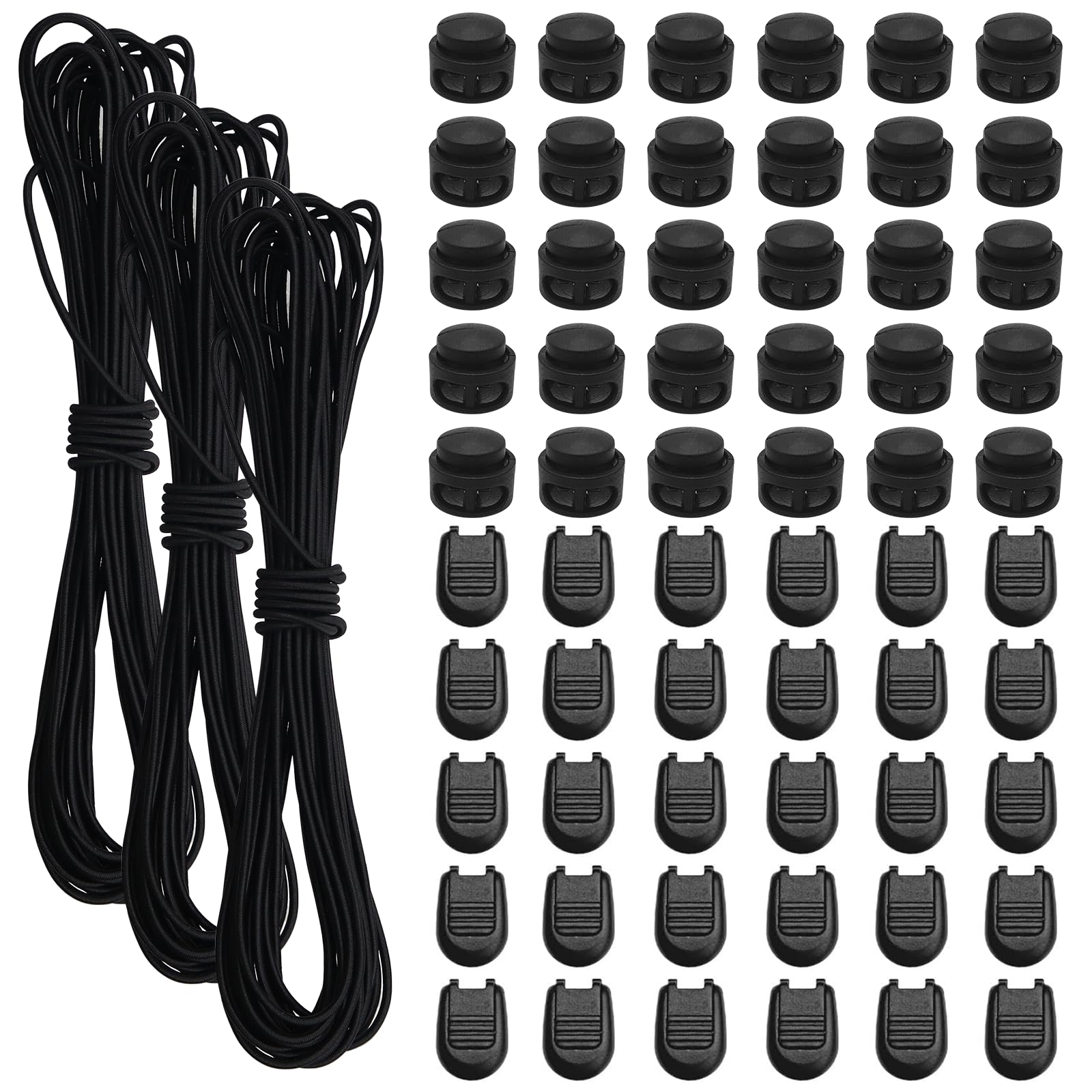 BEELUKY Pack of 3 Rubber Cords 10 m Expander Rope 3 mm Elastic Rubber Cord with 30 Cord Locks 30 Cord Clamp Black Rubber Cord for Drawstring Backpack Washing Lines Shoelaces Camping