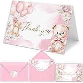 HiABNRT 50 Pack Baby Shower Thank You Cards with Envelopes, 4" x 6" Watercolor Bear Balloon Bulk Greeting Cards for Bridal Shower, Wedding - Blank Inside (Pink)