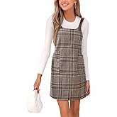 CUPSHE Women's Plaid Overall Dress Woven Scoop Neck Sleeveless Fall Pinafore Mini Dress with Pockets
