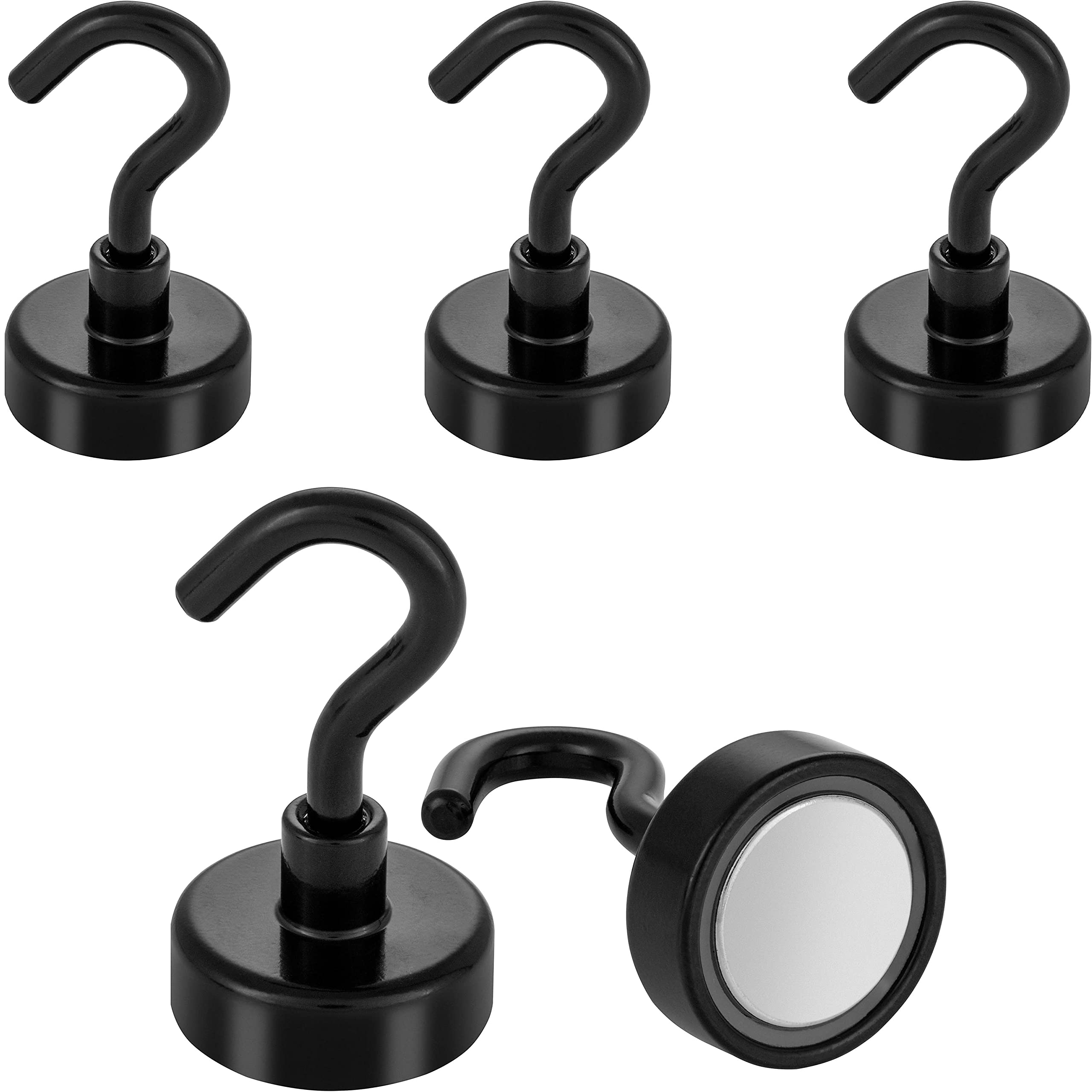 POPPSTAR 5 Pieces Magnet Hook Black Extra Strong (Clamping Force 23 kg (50 lbs), Length 4.5 cm, Diameter 2.5 cm) Neodymium Hook Magnets Large