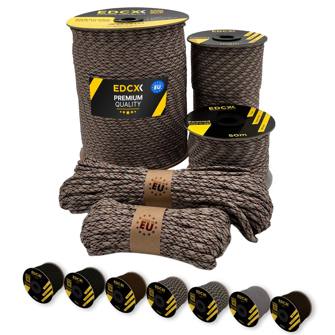 EdcX Paracord 4mm, 20+ Military Colors (15m, 30m, 50m, 100m, 300m) | Ideal for Camping, Survival, Outdoor, Crafting, DIY | 100% Nylon Rope 4mm | Tactical Cord 550 Type III (Desert Camo, 15 m) — image 1