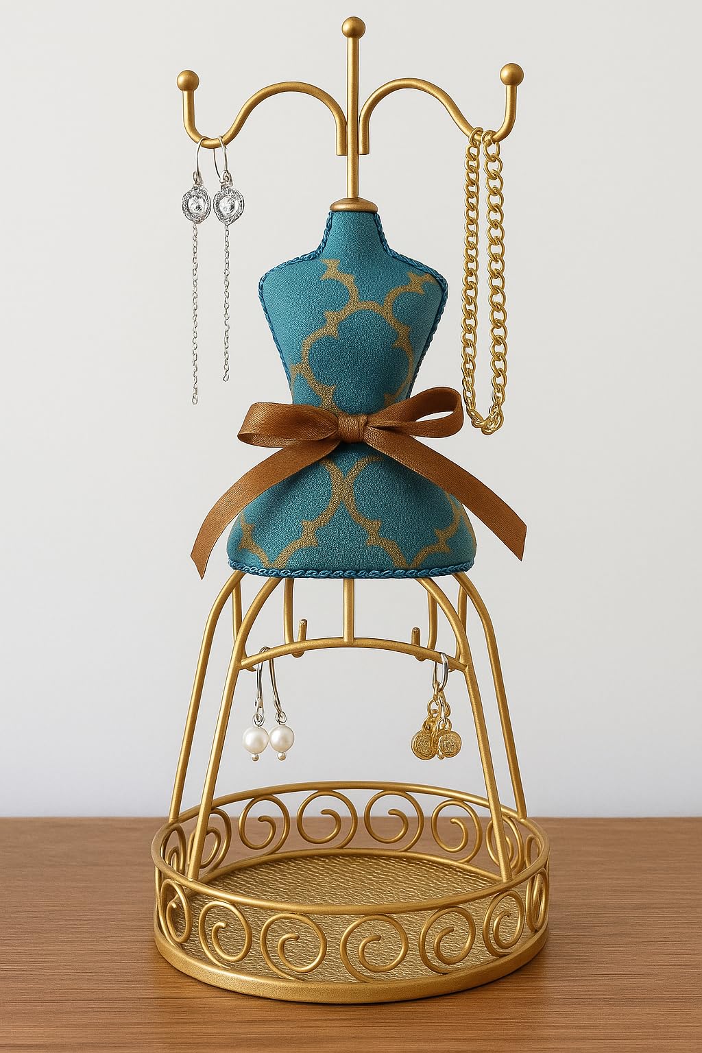 Vintage Mannequin Jewellery Stand, Elegant Metal Dress Form with Velvet Cushion and Organiser Tray for Rings, Necklaces, Earrings, and Bracelets – Antique Gold Finish, Blue Fabric Design