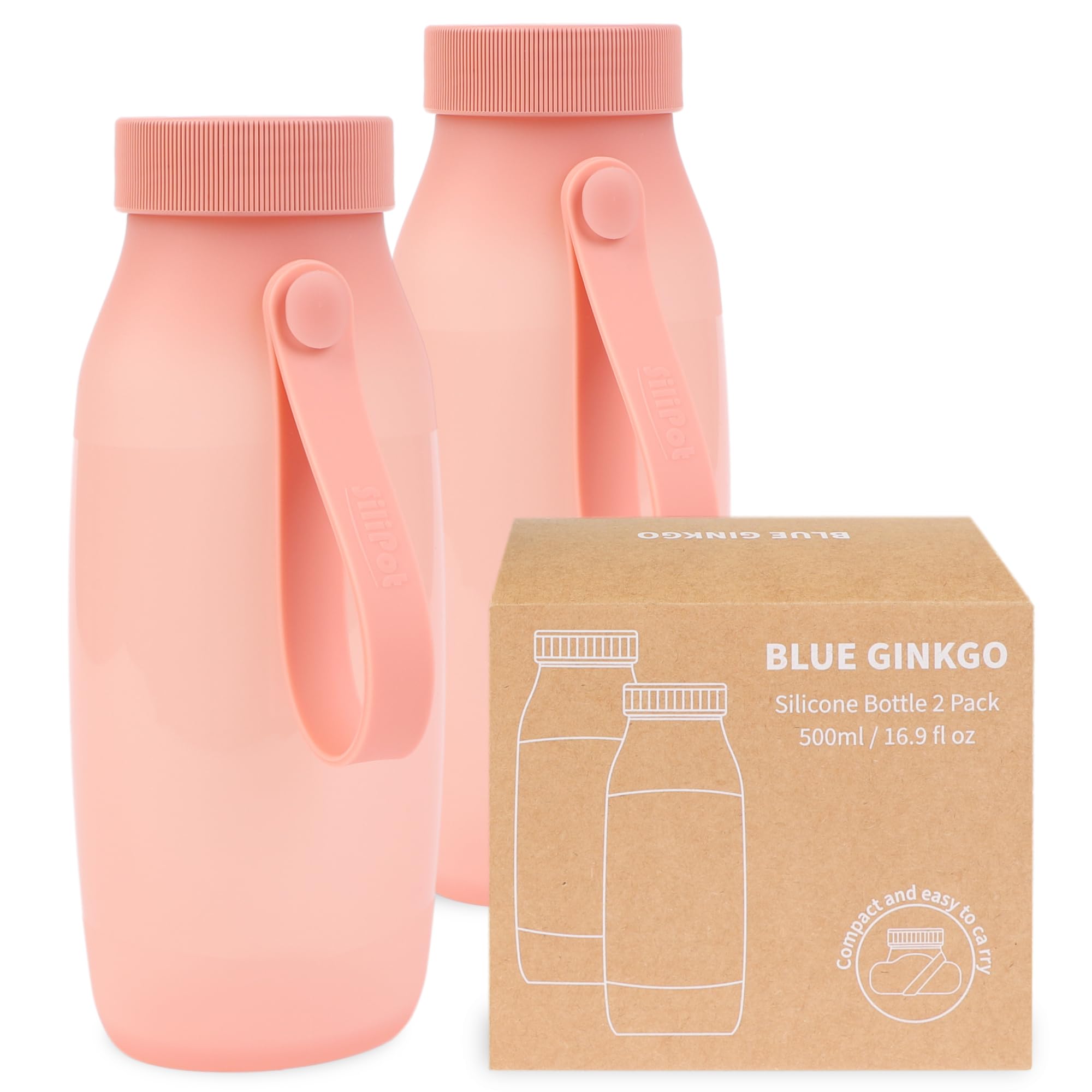 BLUE GINKGO Collapsible Water Bottle [2-Pack] – Lightweight, Foldable Silicone Bottles for Travel, Hiking, and Camping (500ml, Made in Korea, Pink)