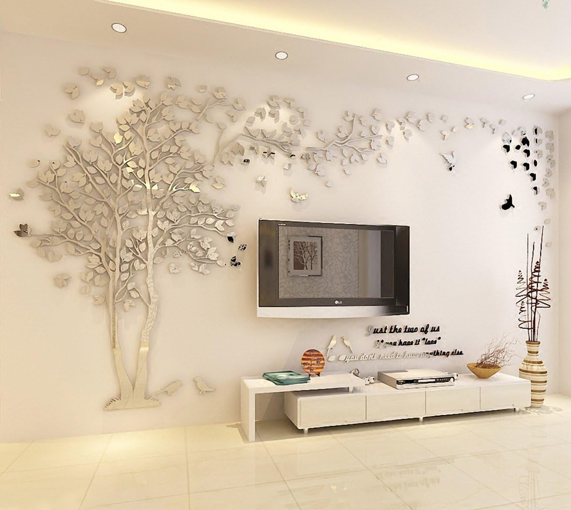 Misslight 3D Crystal Acrylic Couple Tree Wall Sticker DIY Birds Forest Home Wall TV Background Decor Sticker (Sliver Right,s)