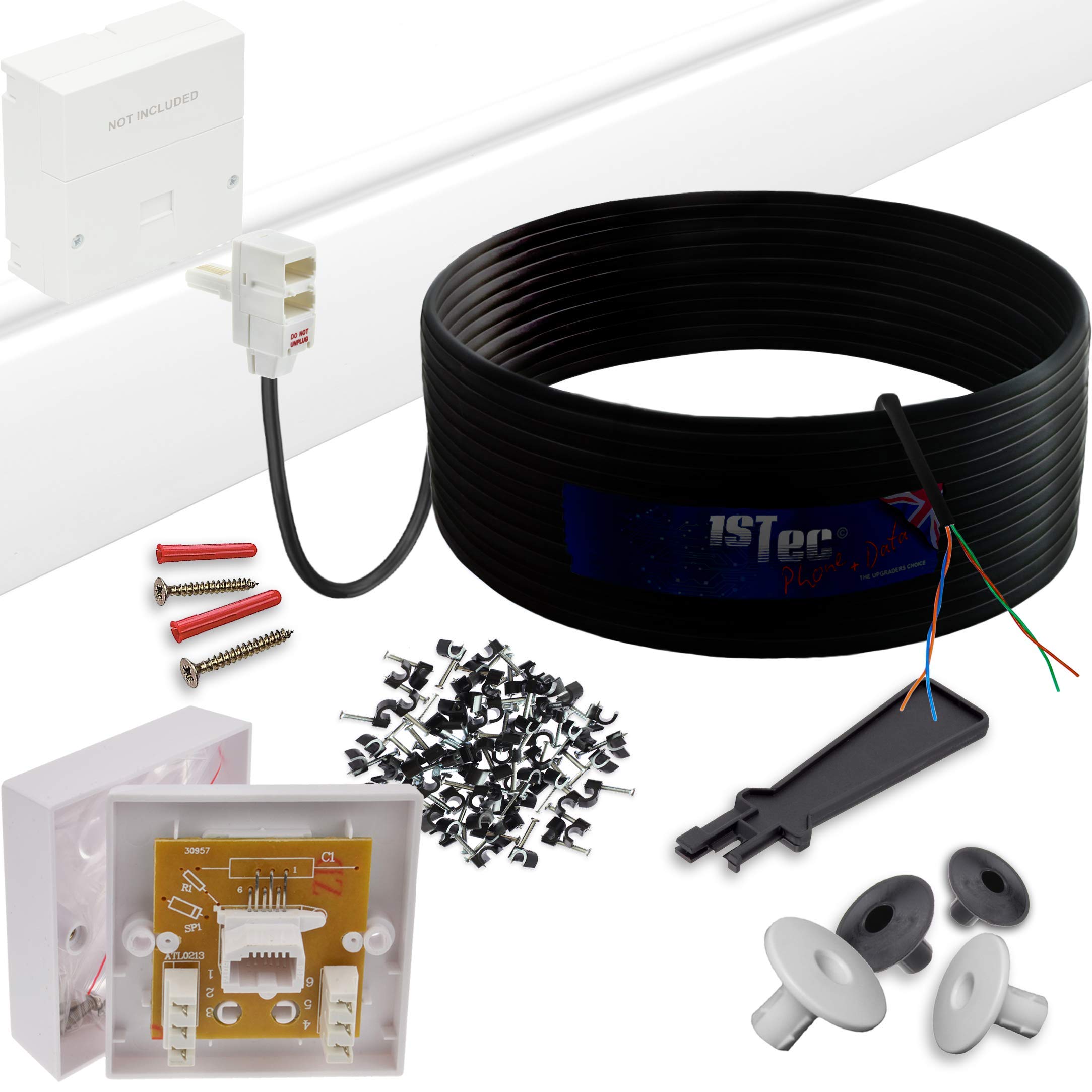 1STec 100m DIY BT Openreach Phone/ADSL Fibre Broadband Kit with Solid Core Twisted Pair Cable + Plug + 2/3a Surface Mount Wall Box + Grommets + Clips + Screws + Instructions (100 Metre, Black)