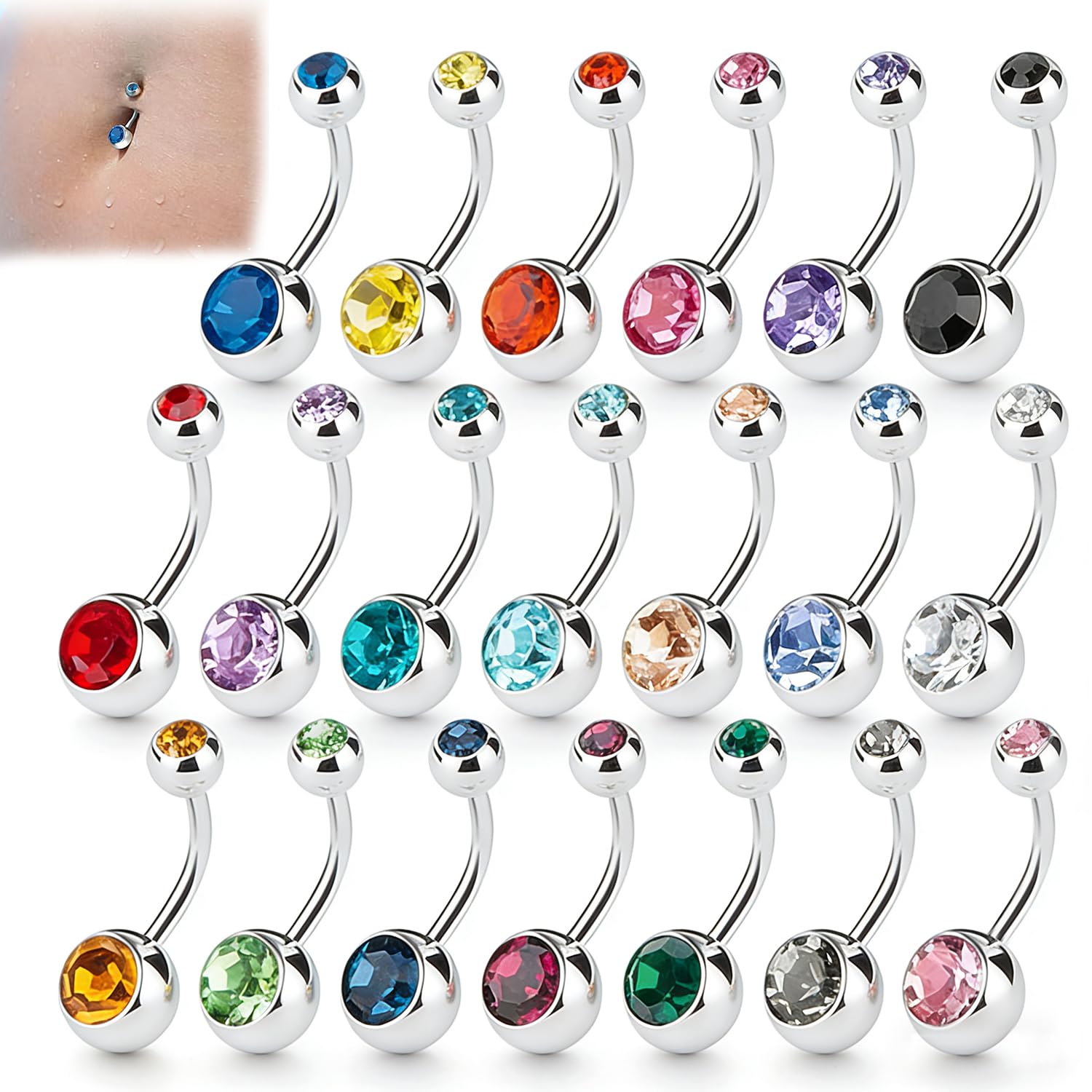 Belly Button Bars with Double Gems, Amaza 20 Colors Stainless Steel Navel Piercing Jewelry Belly Bars Set with a Storage Pouch ,14G,1.6mm*10mm