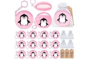 Elecrainbow 36 Pack Penguin Change Purses Set Include 12 Wallets with Keyring,12 Thank You Tags and 12 Organza Bags for Winter Party Supplies,Guest Return Gift, Animal Themed Party, Birthday,Pink