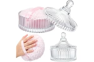 Tioncy 2 Pcs Extra Large Dusting Powder Puff and Container for Women-5.43'' Glass Crystal Dusting Powder Container with 5.91'' Body Soft Washable Reusable Velour Face (Clear,Classic)
