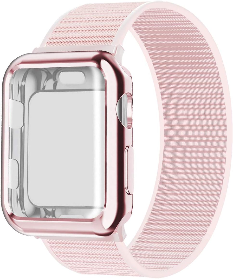 Compatible for Apple Watch Band 40mm iWatch Series 6 5 SE 4 3 2 1, Sport Weave Strap with Screen Protector Case Cover Women Men Loop Replacement Wristband Elastic, Pearl Pink