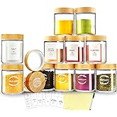 AISIPRIN Spice Jars with Label,12 Pcs 8oz Glass Jars with Bamboo Lids,Spice Organizer for Cabinet,Drawer, Rack, Seasoning Organizer Containers,Including 2 Type Labels