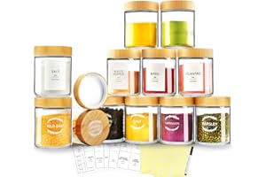 AISIPRIN 12-Piece 8oz Glass Jars with Bamboo Lids, Multi-Purpose Spice & Canning Jars, Includes 210 Labels and Marker