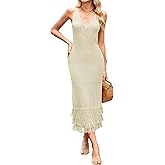Cakulo Womens Summer Maxi Crochet V Neck Dresses 2025 Sundresses Long Bodycon Sleeveless Vacation Beach Dress
