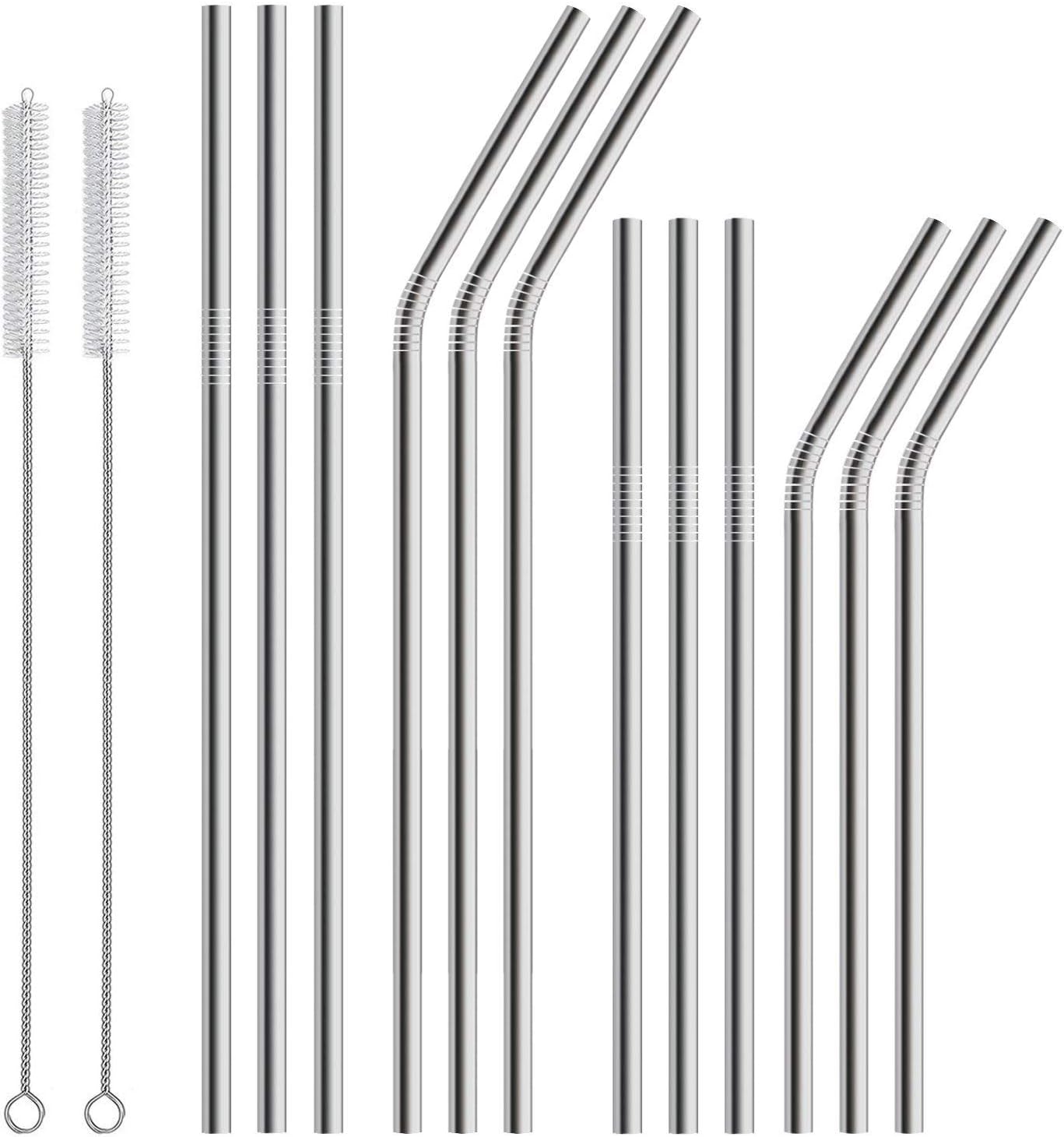 Longang Set of 12 Stainless Steel Metal Straws with 2 Cleaning Brushes - 6mm Diameter Reusable Drinking Straws for 30oz / 20oz Tumblers Yeti