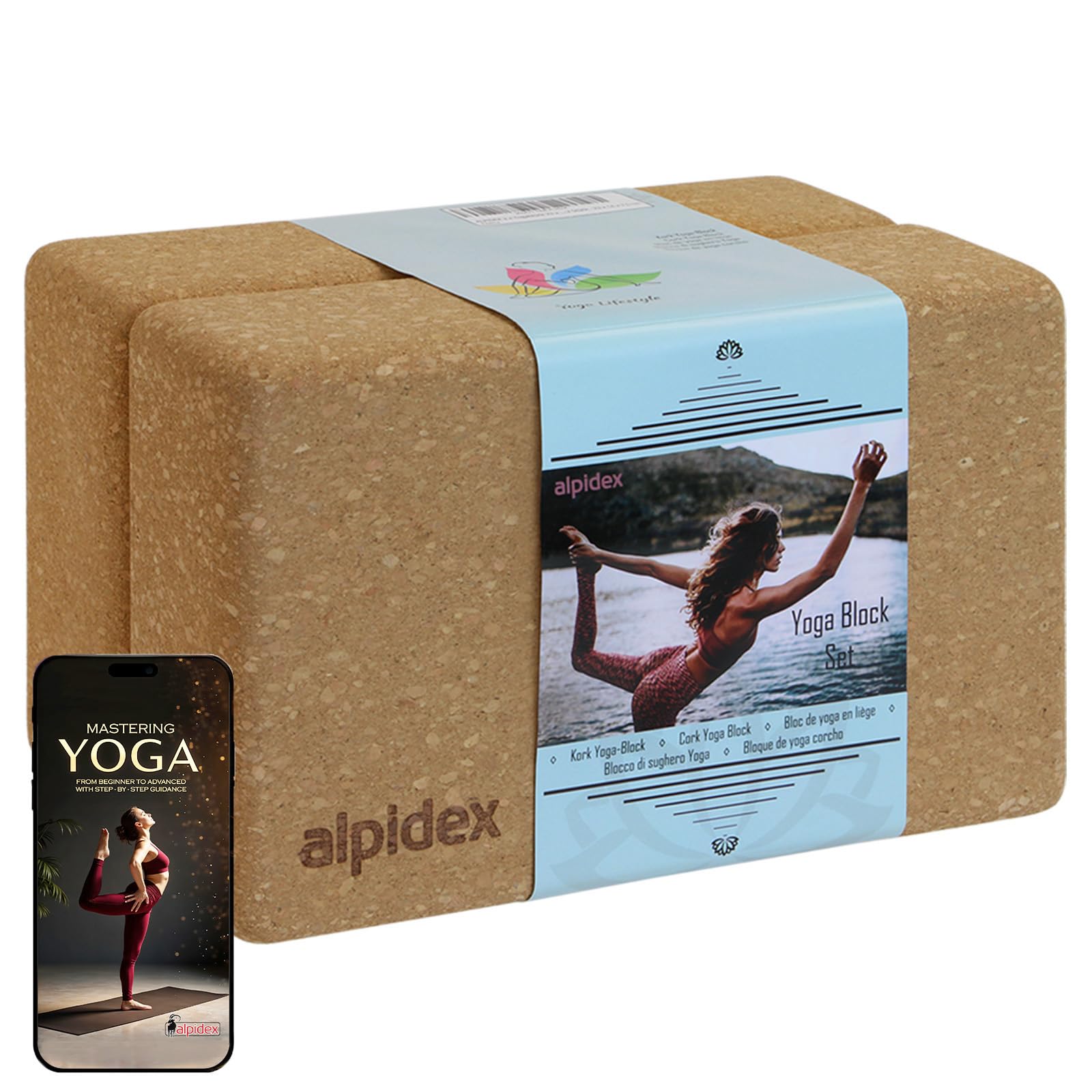 ALPIDEX Yoga block set of 2 incl. e-book with 100 exercises ecological and sustainable natural cork from Portugal cork block yoga pilates fitness brick, Size:2 pieces - 23 x 14 x 7.5 cm