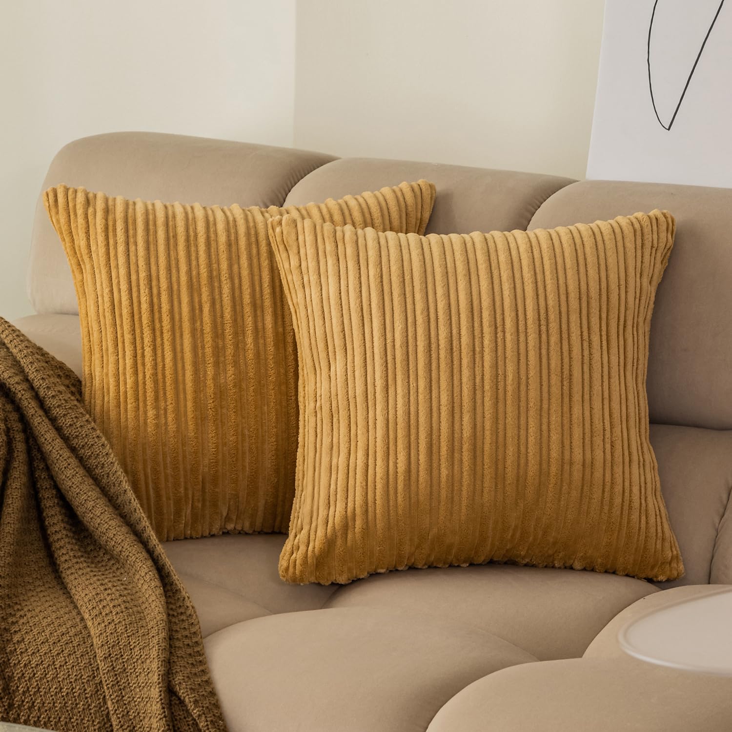 Photo 1 of Kevin Textile Pack of 2 Corduroy Soft Soild Decorative Square Throw Pillow Covers Set Cushion Cases Pillowcases for Sofa Bedroom Car 26 x 26 Inch 66 x 66 Cm Khaki