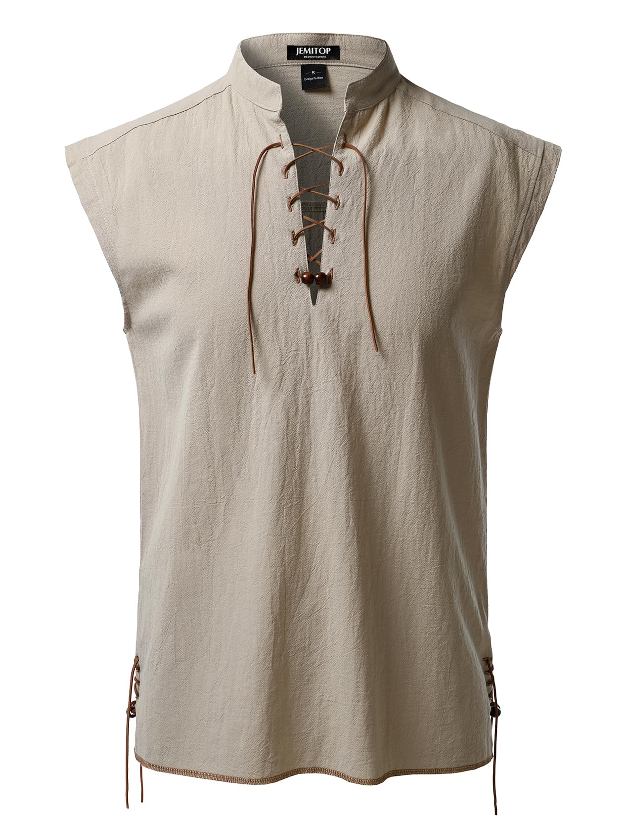 Photo 1 of JEMITOP Men's Retro Renaissance Costume Lace Up Sleeveless Shirts for Pirate Medieval Viking Halloween Cosplay Khaki M
