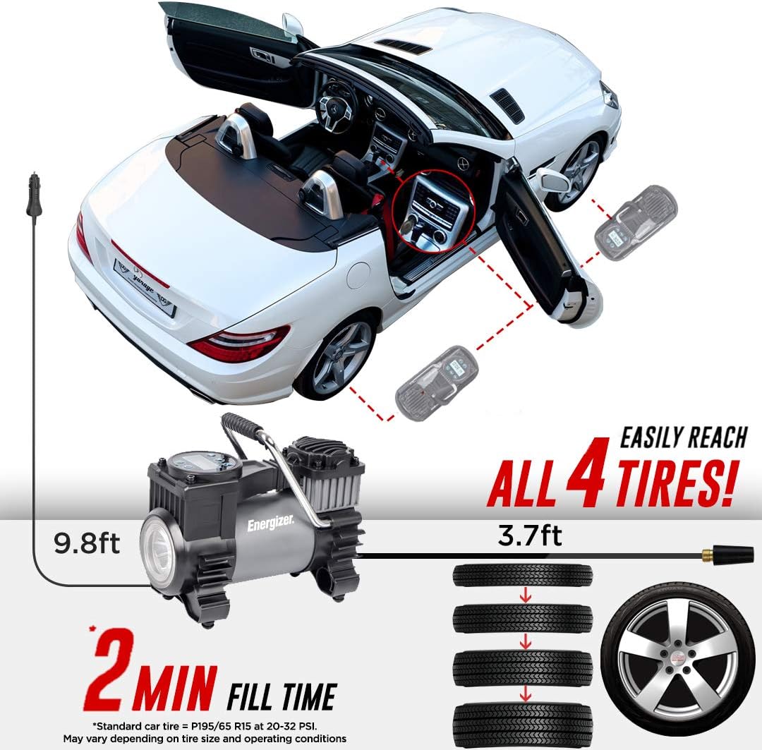Energizer Portable Air Compressor Tire Inflator, 12V DC Air Pump for Car Tires with Auto Shut Off Function - 120 Max PSI, Preset Pressure Feature, Led Lighting, Digital LCD Display, and Carrying Case: Automotive