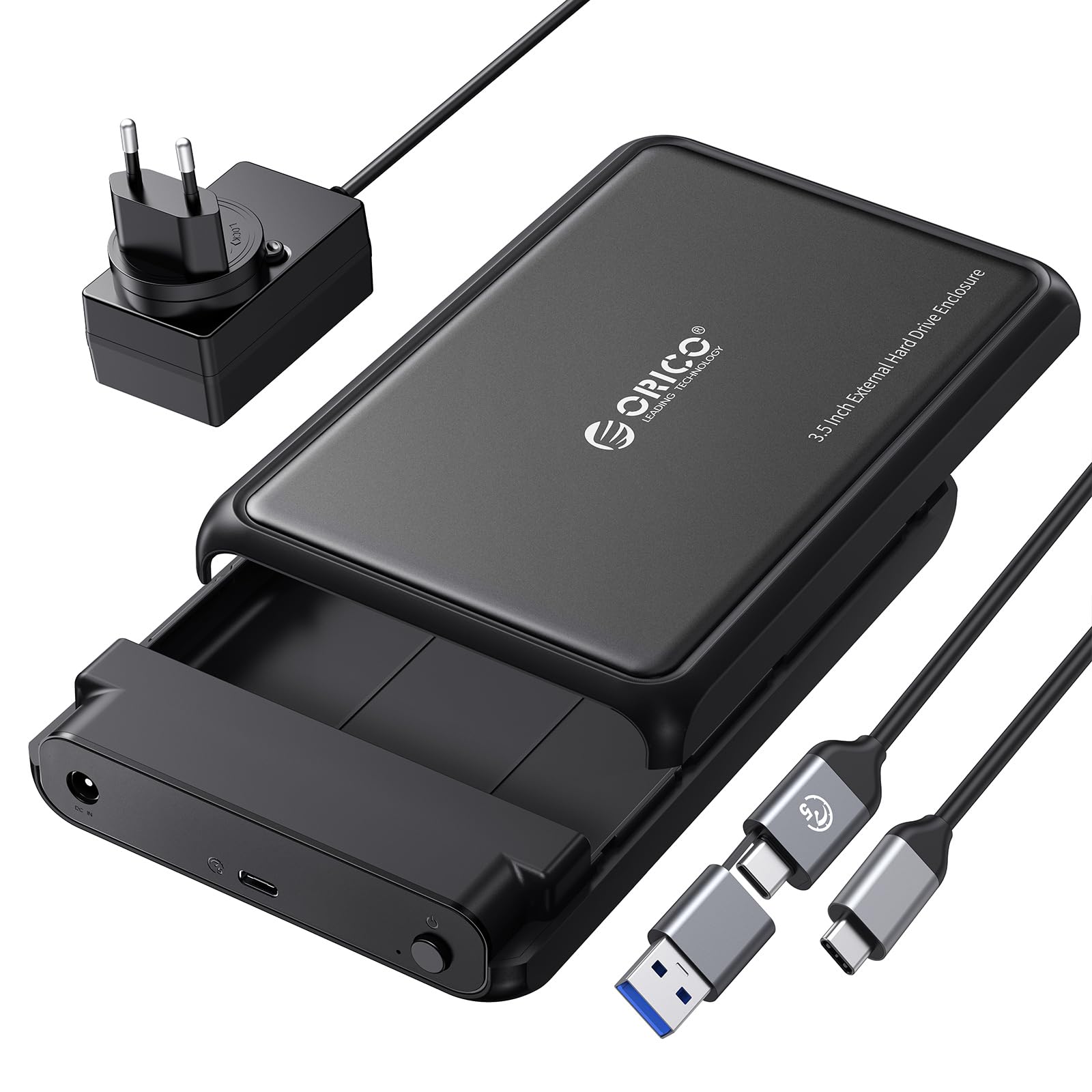 ORICO Festplattengehäuse 3.5 Zoll USB C 5Gbps Externes HDD Gehäuse für 2,5"/ 3,5" SATA HDD und SSD Maximal 20 TB, Unterstützt UASP, 12 V/2A Netzteil ABS (DDL35C3-Schwarz)