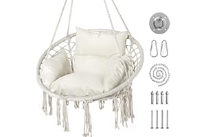 LEX CRAFT Hammock Hanging Rope Swing Chair with Cushion - Max 330 Lbs, Sturdy Hammock Swinging Chair for Bedroom, Porch, Balcony -White
