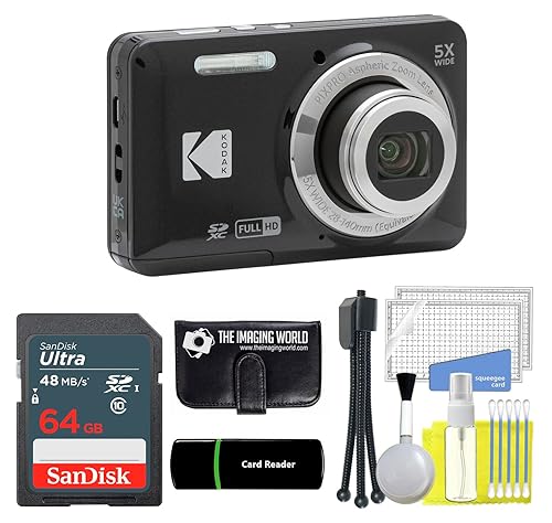 Kodak PIXPRO FZ55 Black 16MP Digital Camera 5X Optical Zoom 28mm Wide Angle  1080P Full HD Video LCD Camera 64GB Card and Reader Memory Wallet 