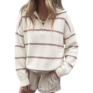 Fisoew Womens Quarter Zip Striped Sweater Oversized Turtleneck Pullover Top | Color Block, Long Sleeve, Half Zip, V Neck, Kni