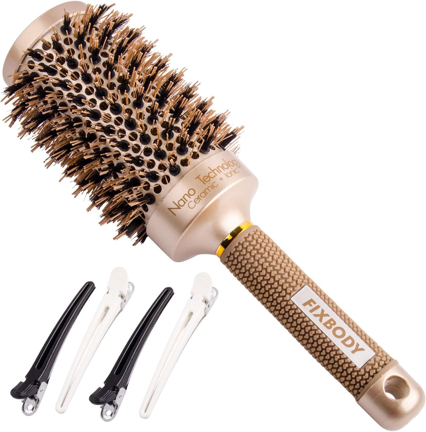 FIXBODY Round Barrel Hair Brush with Boar Bristles, Nano Thermal Ceramic，Ionic Tech and Anti-Static for Hair Blow Drying, Styling, Curling, Straightening (3.3 Inch, Barrel 2 Inch)