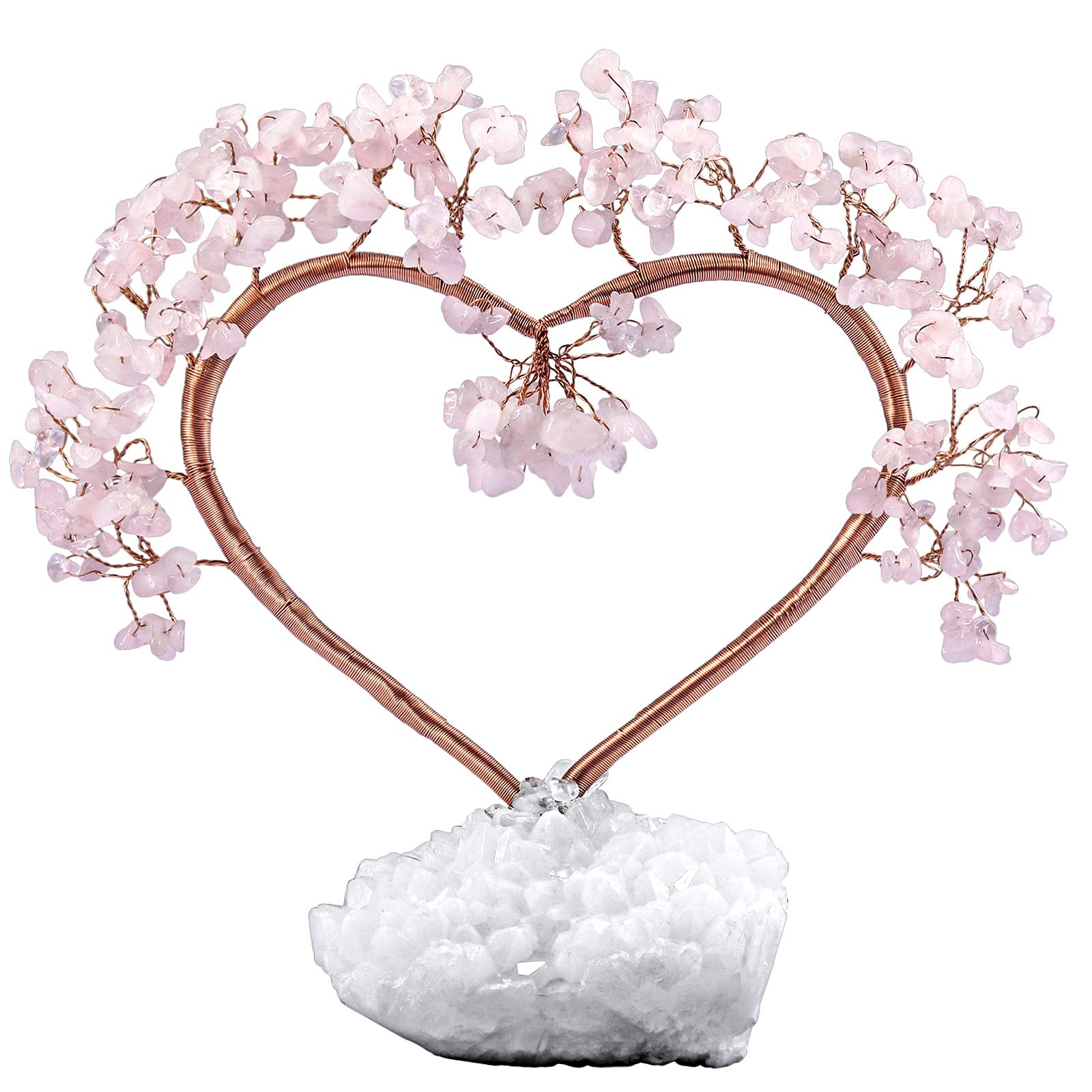 Nupuyai Rose Quartz Crystal Tree with Rock Crystal Cluster Base, Love Heart Money Tree Figurines Fengshui Ornament for Home Office Wedding Decor 16-20cm High