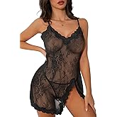 Kolagri Womens Sexy Lingerie Dress Set with Thong Sleepwear Front Slit Babydoll Chemise Sheer Nightgown