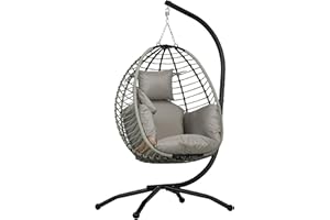 Outsunny Outdoor Hanging Egg Chair with Thick Padded Cushion, Patio Swing Chair with Metal Stand, Foldable Basket, Cup Holder