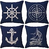 ULOVE LOVE YOURSELF Ocean Theme Blue Pillow Covers 18×18 Inch,4Pack with Compass/Anchor/Sailboat/Navigation Pattern Coastal Sailing Cushion Covers Nautical Beach Decorative Pillowcases for Sofa/Couch
