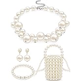 Ecation Jewelry Set for Women Pearl Beaded Purse with Chain Large Faux Pearl Necklace Dangle Earrings Choker Bracelet Set for Wedding Costume Accessories Birthday Tea Party Valentine Holiday Gift