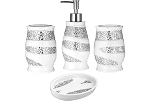 Zahari Home 4pc Sinatra Stylish Bathroom Accessories Set White Soap Dispenser, Tumbler, Tooth Brush Holder and Soap Dish Modern Classic Luxury Decor Bling Mosaic Glass White Bathroom Accessories