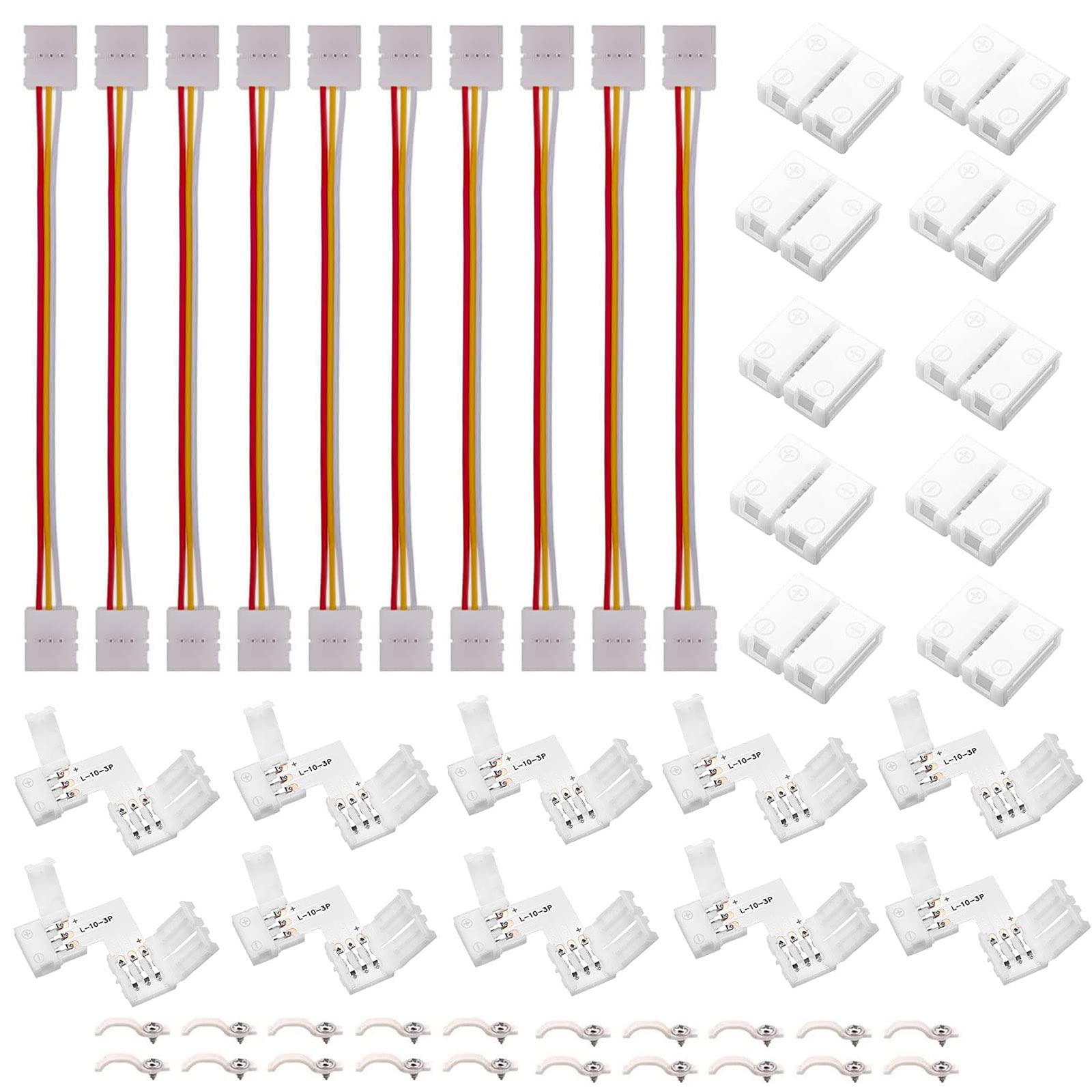 ENQIMAOYI 3 Pin RGB LED Strip Connector Kit Includes Strip to Strip Jumper, L Shape Connector, Gapless Connectors,LED Strip Clips for 10MM 5050 WS2812B WS2812 WS2811 Strip Light