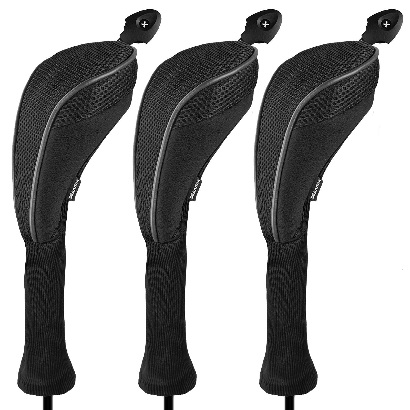 Andux Long Neck Golf Hybrid Club Head Covers with Dial No. Tag CTMT-01 (Black/Black,3pcs)