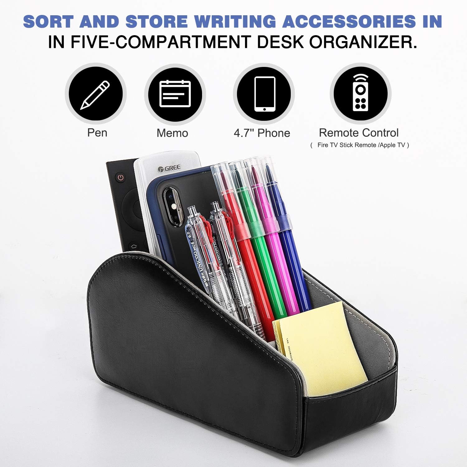MoKo Leather TV Remote Control Holder, 5-Compartment Desktop Organizer for Controllers Office Supplies, Media Accessory Storage - Black - Image 3