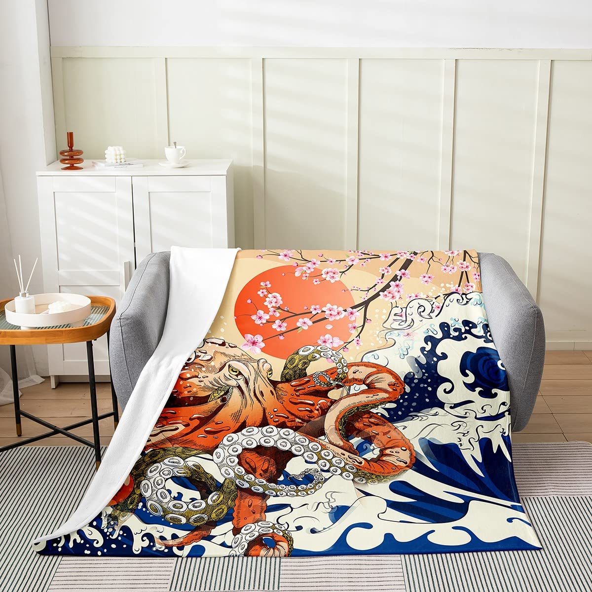 Japanese Ukiyoe Theme Flannel Fleece Throw