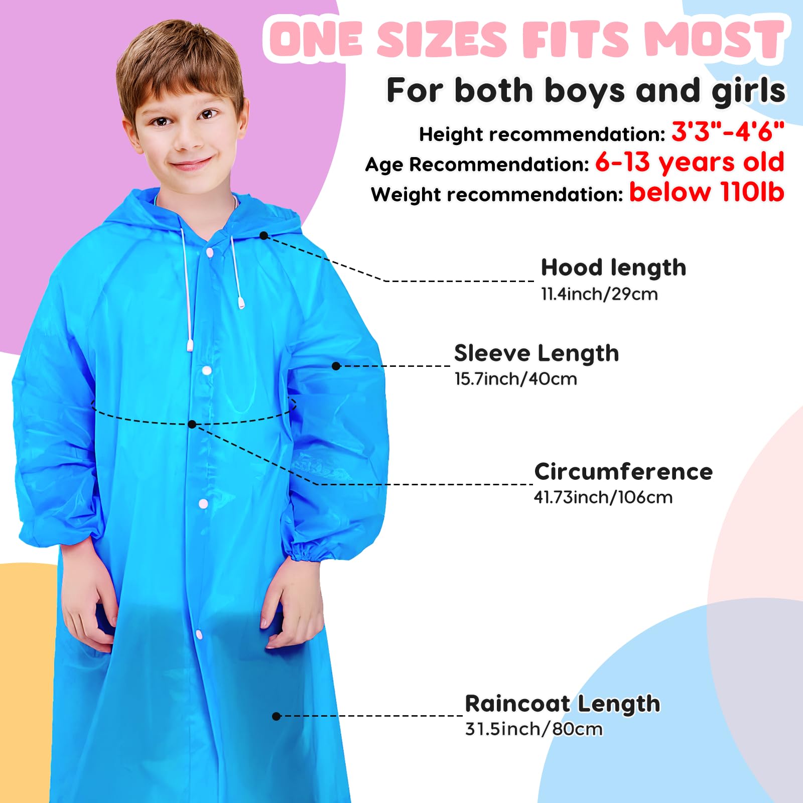 BFONS 2-3 Pack Rain Ponchos for Kids Reusable, EVA Raincoats for Boys Girls with Hood and Sleeves, Waterproof Rain Coat