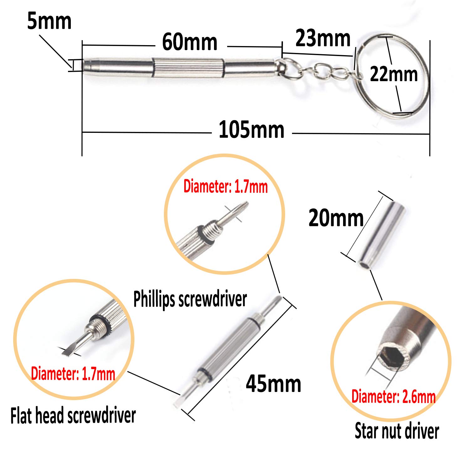 Mini 3 in 1 Screwdriver Keychain, Hotetey 8 Pack Stainless Steel Precision Screwdriver Keyring Repair Tool for Eyeglass Sunglasses Watch Phone Electronics