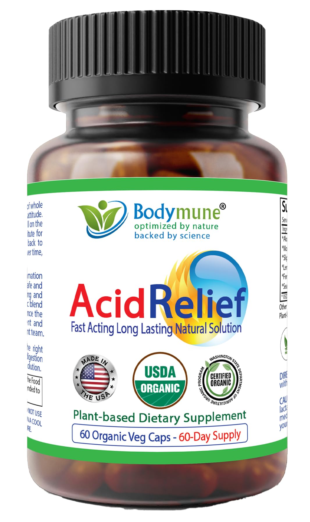 Bodymune AcidRelief Acid Tamer | Promotes Stomach Comfort & Digestive Wellness* | Organic Herbal Blend for Gut Health* | 60 Capsules | Made in USA, USDA Organic, Vegan, Non-GMO, Gluten-Free
