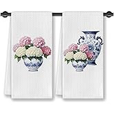 CosxHabitat Chinoiserie Hydrangea Floral Kitchen Dish Towels, Grandmillennial Pink and White Hydrangea Flower Decorative Hand Tea Towels for Kitchen Bathroom, 16x24 Inches Set of 2