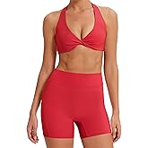 MOOSLOVER Women 2 Piece Workout Sets Halter Sports Bra Tank Top Scrunch Butt Shorts Gym Yoga Outfits with Pockets