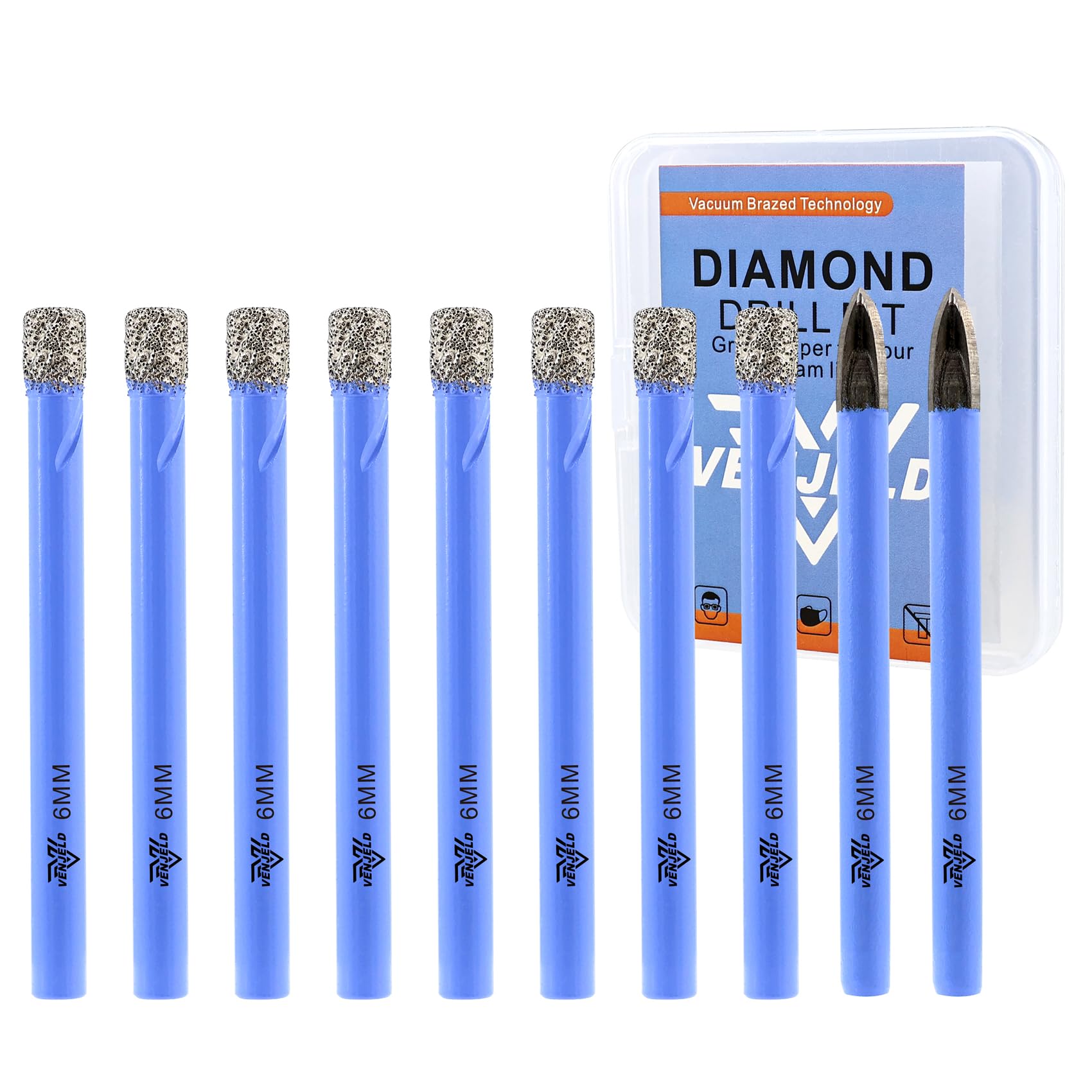 VENJELD Dry Diamond Drill Bits Set - 6mm 8Pcs Tile Hole Saw Kit and 2Pcs 6mm Carbide Drill Bit for Ceramic Porcelain Tile Marble Granite - Round Shank with Storage Case