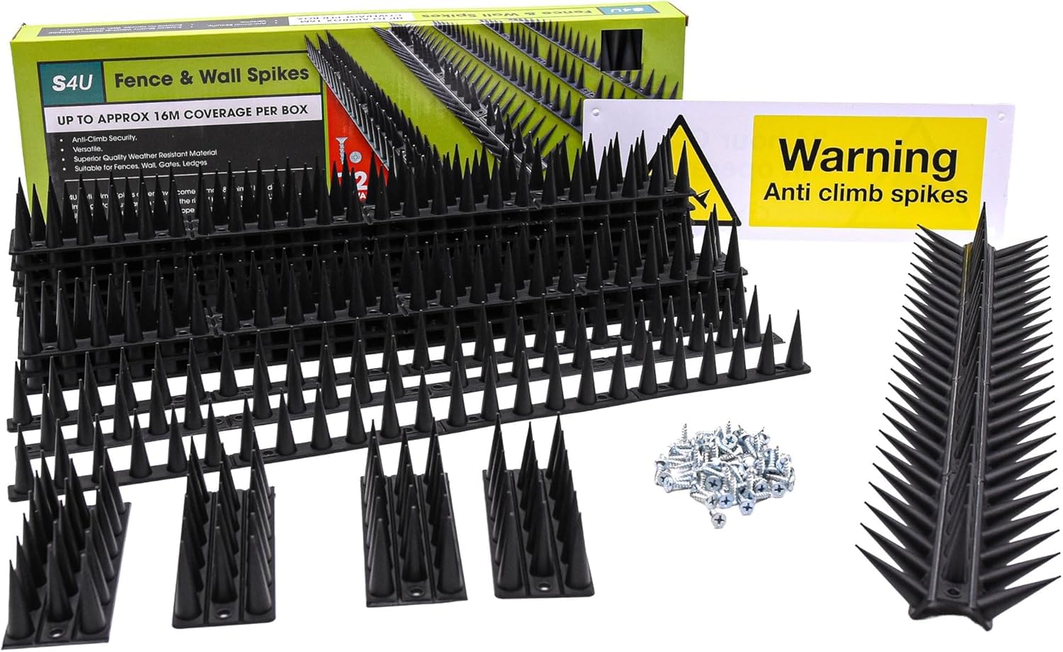 S4U Fence Wall Spikes Garden Tall Bird Spikes Cat Pigeon Deterrent Coverage of Approx.16M Per Box Anti Climb 44 x 4.3 x 3.8cm Warning Sign Included & Screws (Black 24pcs)