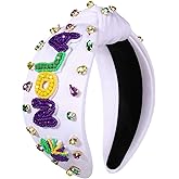 NVENF Mardi Gras Headband Accessories for Women Fleur De Lis Headbands Rhinestone Pearl Jeweled Knotted Headband Fat Tuesday Parade Party Favors Gifts (Bead NOLA White)