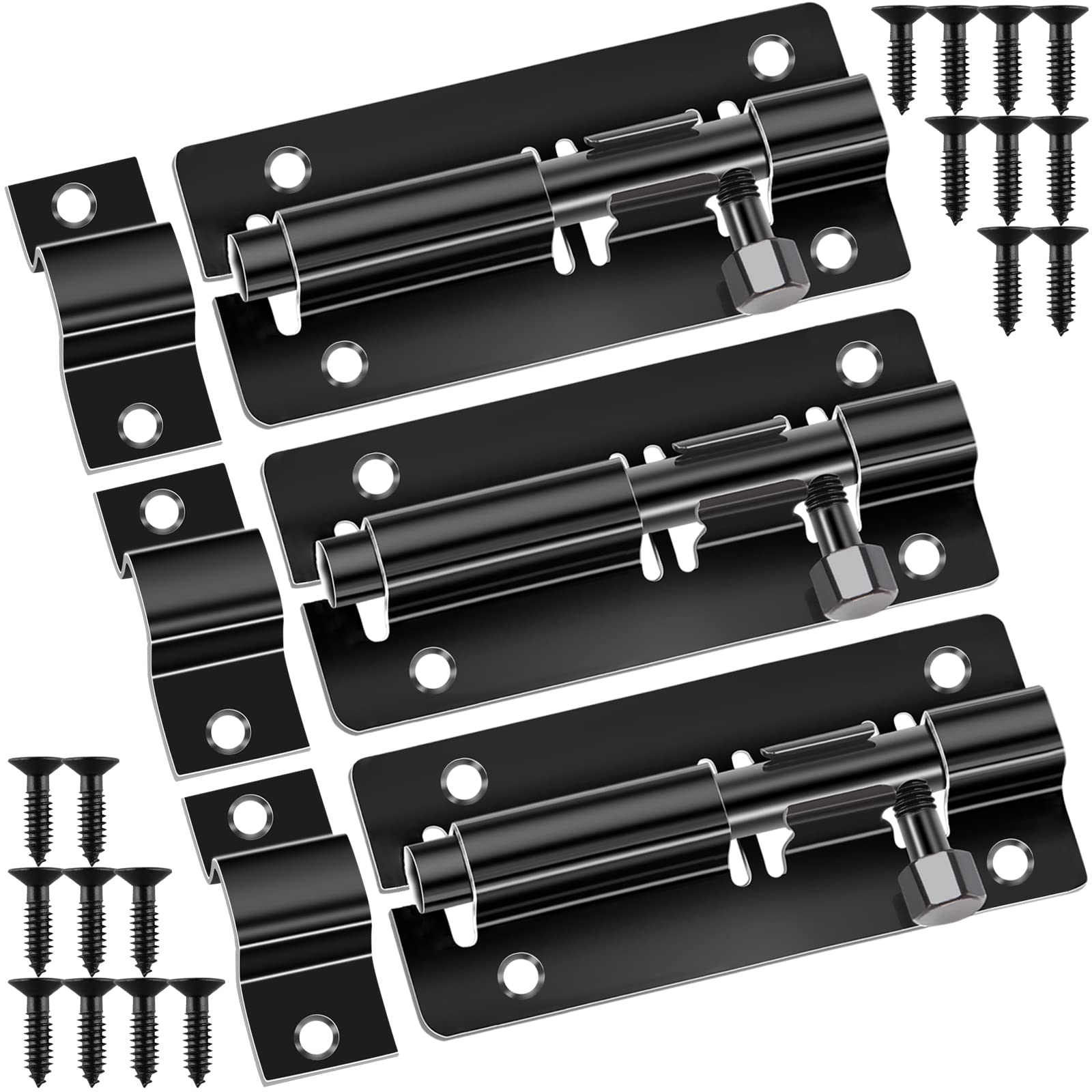 Door Lock Bolts Gate Bolt 3Pcs (4'') 100mm Heavy Duty Door Security Bolts Barrel Slide Latch Lock Stainless Steel Garden with Screws for Bathroom Shed Door Yard Garage Gates (Black) — image 1