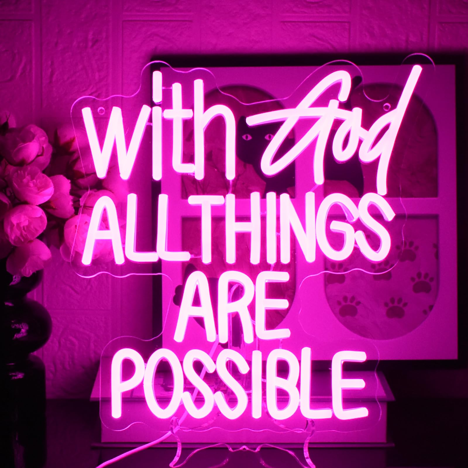 Photo 1 of With God All Things Are Possible Neon Sign Pink God Led Lights for Wall Decor Letter LED Neon Lights Dimmable USB Powered for Room Party Wedding Church Decor