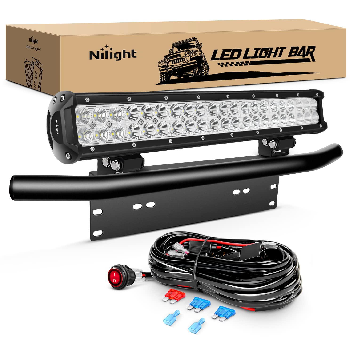 Nilight 20Inch 126W LED Light Bar Spot Flood Combo Driving Off Road with Front License Plate Mounting Bracket Wiring Harness for Trucks Pickup Car SUV ATV UTV 4x4 Van Camper, 2 Years Warranty Image