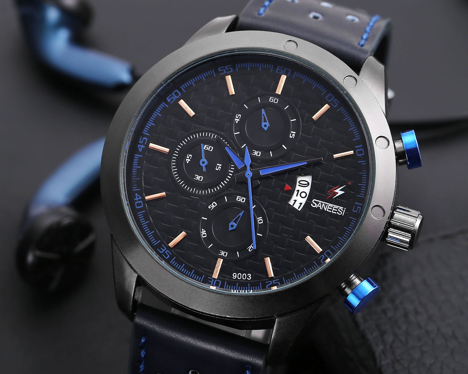 JSDDE Mens Sports Watch 3ATM Waterproof Analog Quartz All Black Leather Strap Calendar Date Window